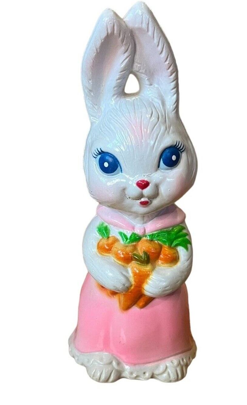 Vintage Hand Painted Easter Bunny Rabbit Holding Carrots 7" Pink Girl